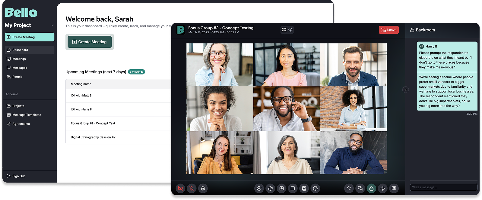 Bello screenshot showing a sample meeting